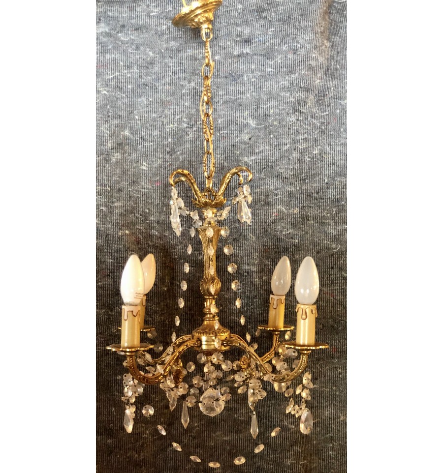 Brass & Crystal Vintage Small Chandelier, 4 Candles